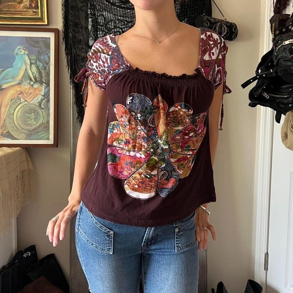 Jes Maroon Paisley Floral Babydoll Blouse Boho Whimsygoth 2000s Medium